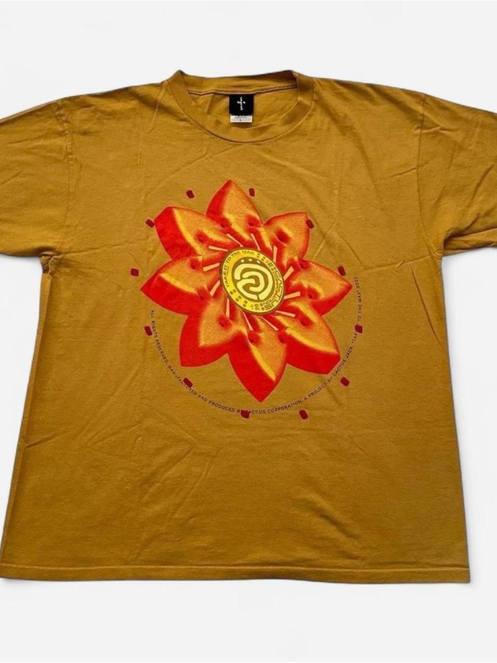 Travis Scott Cactus Jack Graphic Lotus Tee in Mustard with Red & Orange Print  L